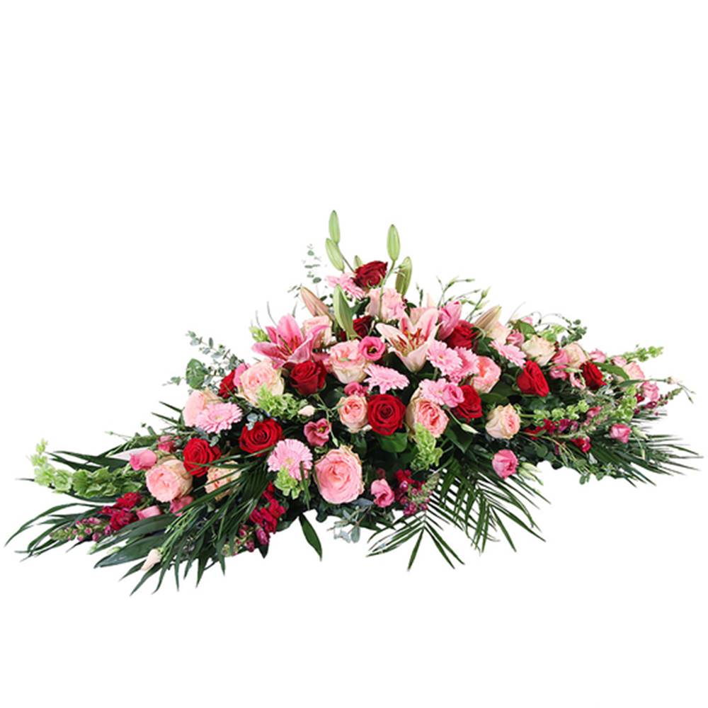 Almohadón Funerario de flores variadas en rosa y rojo